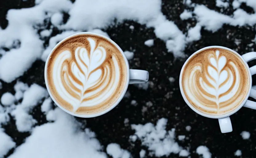 Prompt: a latte, in snow, product photography