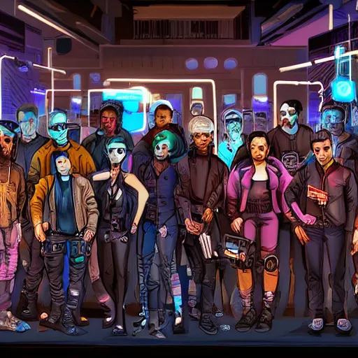 Prompt: group photo of a cyberpunk gang