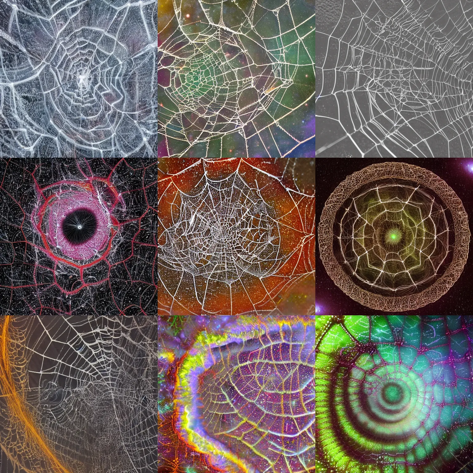 Prompt: fractal spiderweb helices crossed with spiral galaxy cosmic web neurons with infinite depth and detail, high quality photo