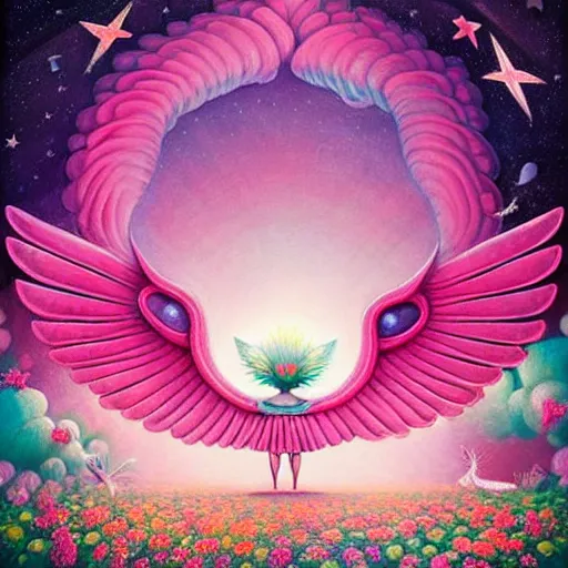 Image similar to abstract miraculous creature, giant wings, pink, flower blossoms, stars, night sky, hyper detailed, kawaii, by jacek yerka, lewandowski, hopper and gilleard, ryden, wolfgang lettl, hints of yayoi kasuma