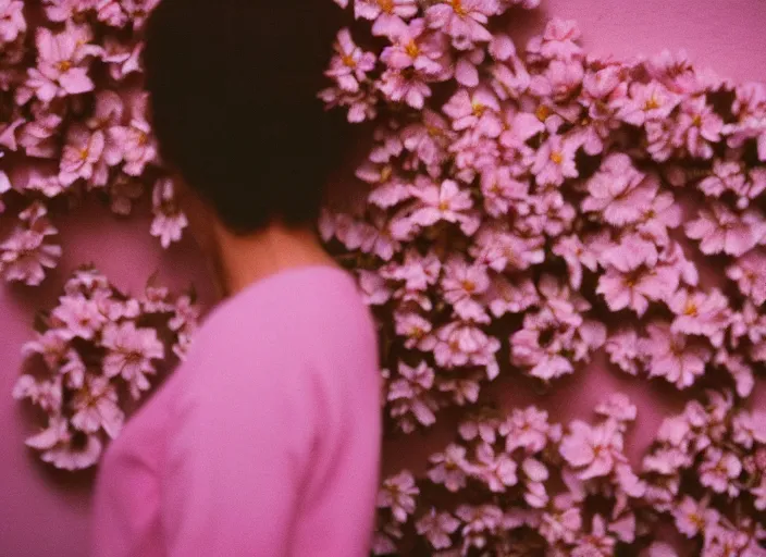 Image similar to extra close-up, color film photography, the back of a woman\'s head with interwoven flowers against a pink wall, daylight, 35mm