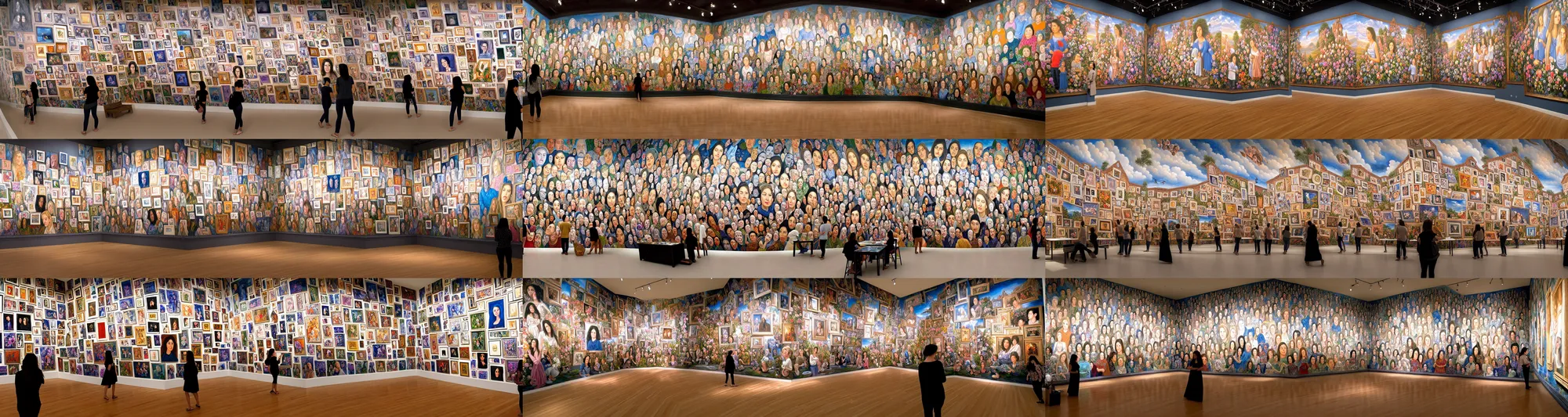 Prompt: a ultra-detailed mural, depicting a hundred unique framed hyperrealist portraits of something more beautiful than the most beautiful image ever. The walls are lined with paintings of paintings of paintings.