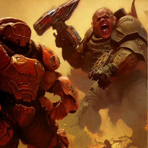 Image similar to Danny DeVito Doom Slayer, by gaston bussiere, craig mullins, Simon Bisley