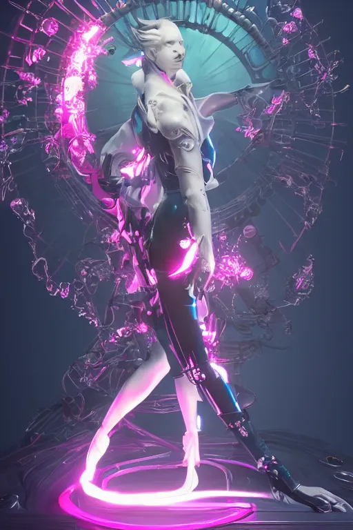Image similar to full-body rococo and cyberpunk style quartz sculpture of a young handsome seductive japenese android ninja reaching for the sky, glowing pink laser eyes, crown of white gears and diamonds, swirling green-colored silk fabric. futuristic elements. full-length view. intricate artwork by caravaggio. Trending on artstation, octane render, cinematic lighting from the right, hyper realism, octane render, 8k, depth of field, 3D