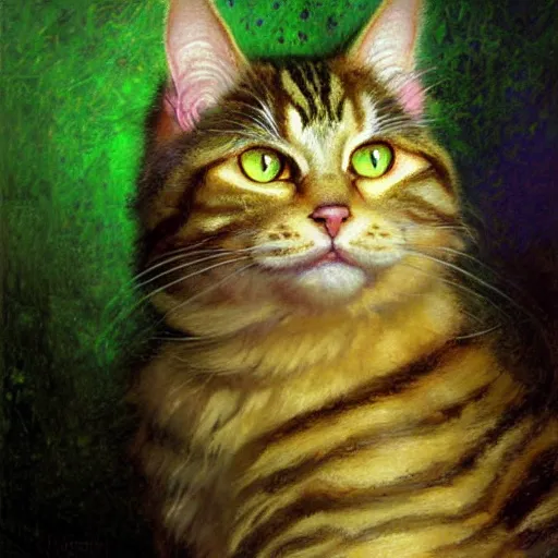 Image similar to portrait fluffy tabby cat feline with green human eyes wearing a suit. shadowrun furaffiniy furry art cyberpunk fantasy highly detailed painting by gaston bussiere craig mullins jc leyendecker gustav klimt artgerm greg rutkowski john berkey, bergey, craig mullins, ruan jia, raymond swanland, jeremy mann, tom lovell, alex malveda