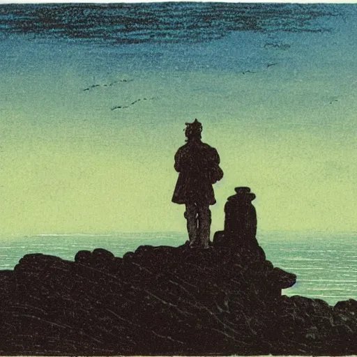 Prompt: Wanderer above the Sea by Caspar David Friedrich as a Linocut
