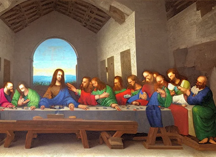 Image similar to Computer LAN party of the last supper painting by Leonardo Da Vinci, oil painting