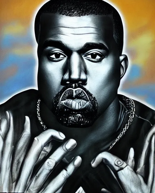 Image similar to kanye west in donda listening party, airbrush, drew struzan illustration art, key art, movie poster