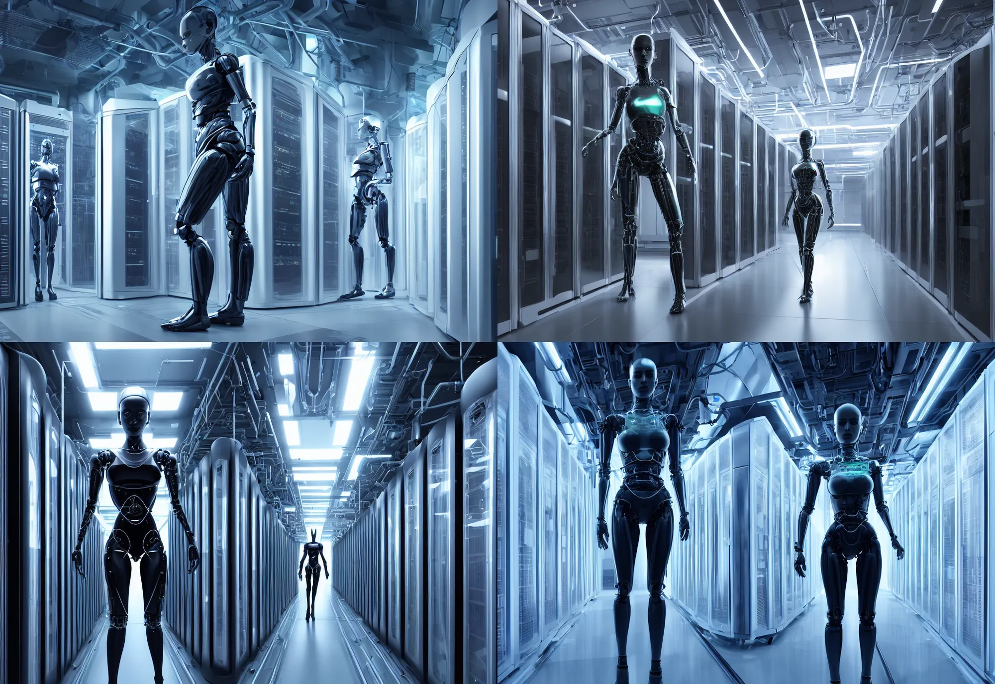 Prompt: hyper realistic android, beautiful symmetric human cyborg body in standing data center, in detailed data center, in realistic data center, whole body, whole figure, character design, awesome composition rules, cinematic realistic, wery realistic, extreamly detailed octane render 8 k, by ex - machina, by cyberpunk