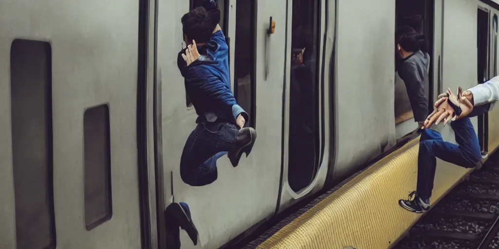 Prompt: person jumping into a train