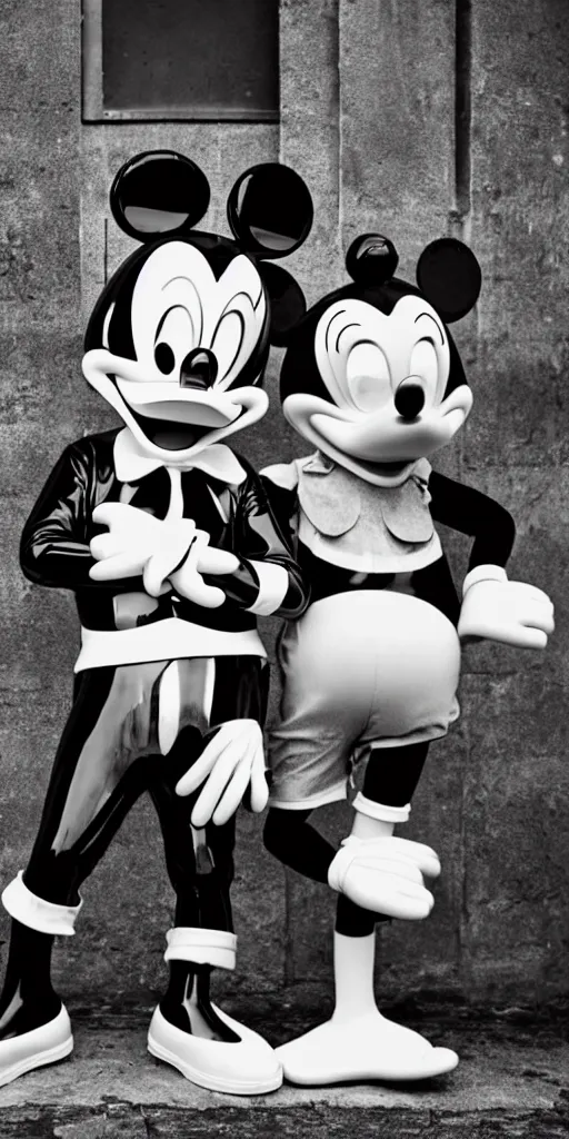 Prompt: close shot of donald duck and mickey mouse wearing latex outfits in front of berghain, berlin style, photography by sven marquardt, highly detailed, photorealistic, 4 k