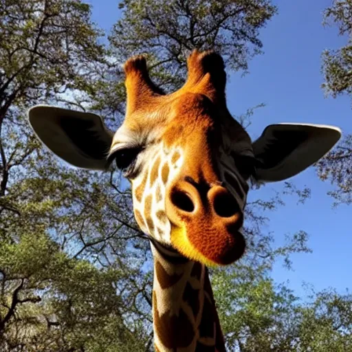 Prompt: photo of a giraffe wearing a red tie on its neck