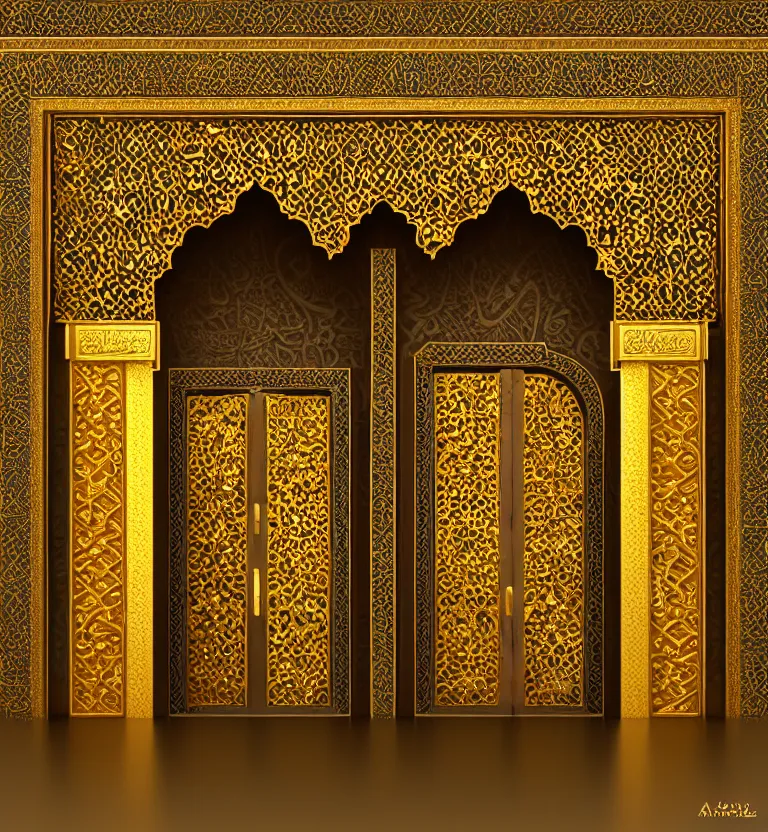 Prompt: an islamic style ornamental gate into other dimension, gold, ornament, intarsia, portal, doorway, dynamic lighting, ambient lighting, atmospherical, photorealistic fantasy concept art, trending on art station, stunning visuals, creative, cinematic, ultra detailed