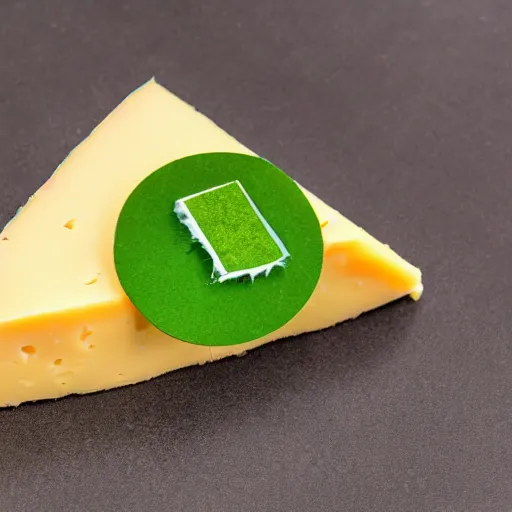 Image similar to a wedge of cheese with a green participation badge hanging from the side, stock art, 8K