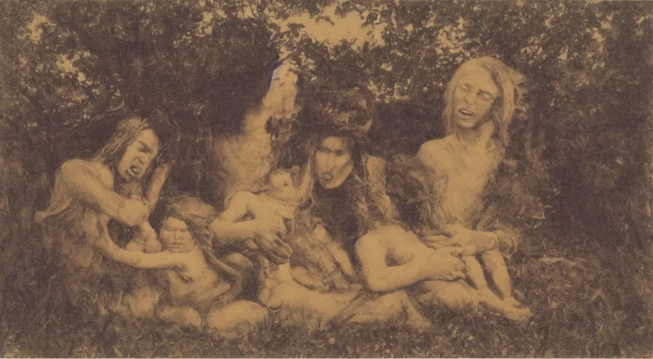 Image similar to an old polaroid of 3 maria's in a landscape crying at the death of christ