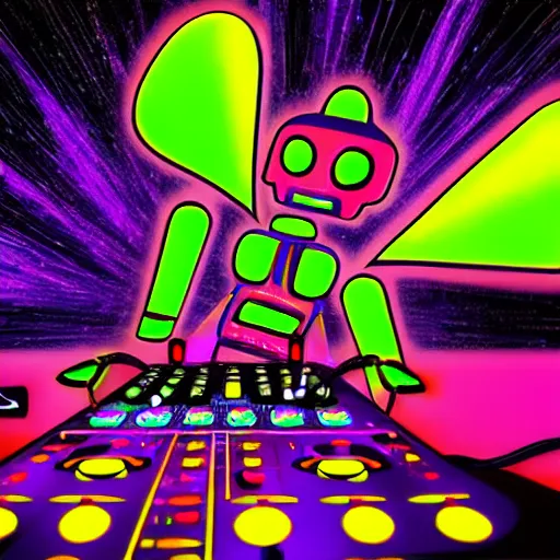 Prompt: A hd paint of a robot Dj playing his mixer in a rave with a lot of dragonflies around him. Epic art, masterpiece, neon dragonfly, lights