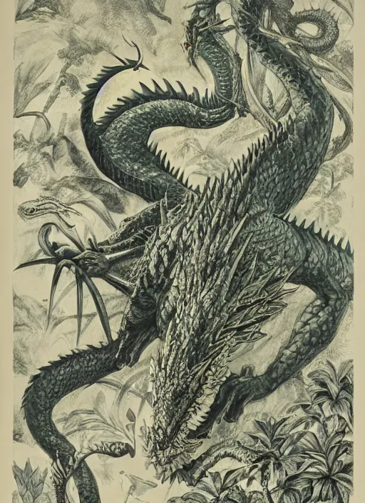 Image similar to game of thrones dragon in a tropical forest, john james audubon, ernst haeckel, intaglio, sharp focus