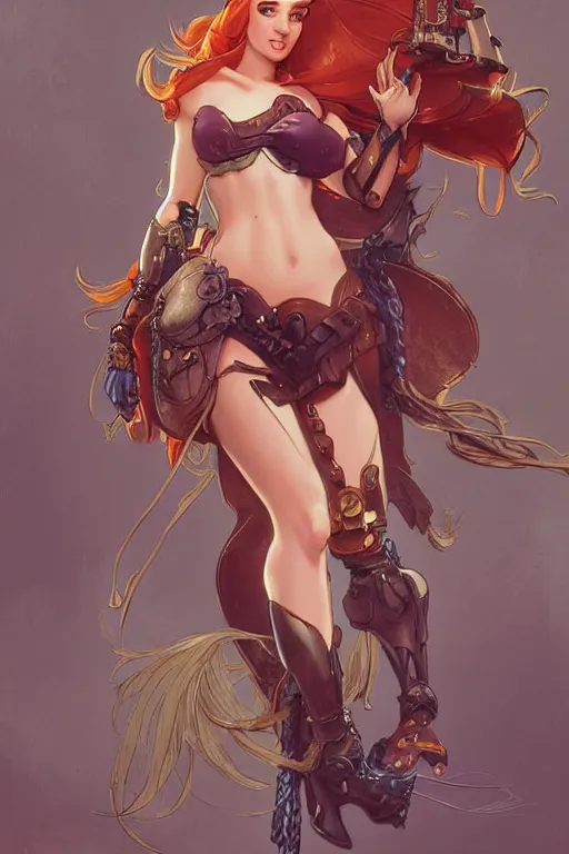 Image similar to ariel little mermaid as a steampunk half - cyborg cowgirl, pelt coats, high fantasy, dnd, smooth, sharp focus, illustration, highly detailed, digital painting, artstation, concept art, by rossdraws, alphonse mucha, frank fanzzeta, collectible card art