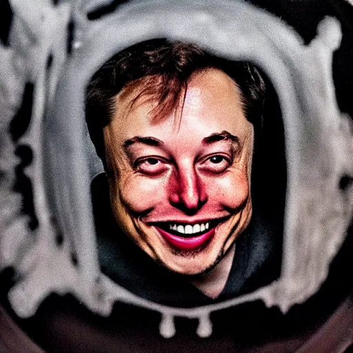 Prompt: photograph at night of elon musk smiling creepily through your bedrooms window, horror art,