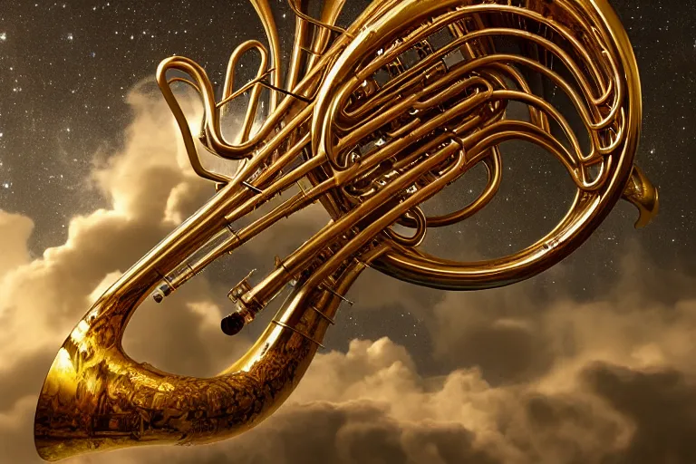 Prompt: a huge flock of many intricate elegant french horn tuba cloud filigreed cloud sculptures, art nouveau redwood forest environment, soothing, milky way, award winning art, epic dreamlike fantasy landscape, ultra realistic,