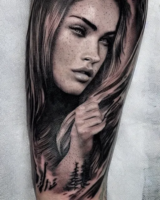 Image similar to creative double exposure effect tattoo design sketch of megan fox faded in beautiful mountain scenery, realism tattoo, in the style of matteo pasqualin, amazing detail, sharp