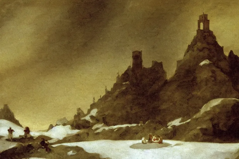 Prompt: The Red Citadel, elven palace of Ghemathar, resting atilt in a snowy arctic lowland. high detail, oil on canvas, by Francisco Goya