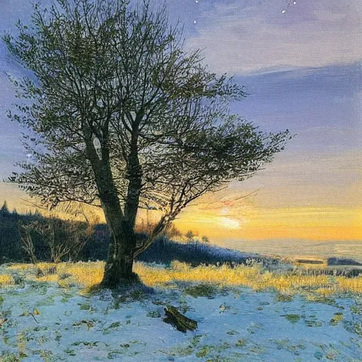 Prompt: This painting has such a feeling of peace and serenity. The tree is so still and calm, despite the wind blowing around it. The moonlight casts a soft glow over everything and the starts seem to be winking at you... by Jacek Malczewski