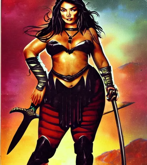 Image similar to 1 9 8 0 s fantasy novel book cover, bbw plus size amazonian miranda cosgrove in extremely tight bikini armor wielding a cartoonishly large sword, exaggerated body features, dark and smoky background, low quality print