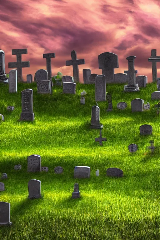 Image similar to realistic detailed photo of the windows xp bliss hills screensaver with a graveyard, with many gravestones made from stone, hyper detailed, sigma 5 0 mm