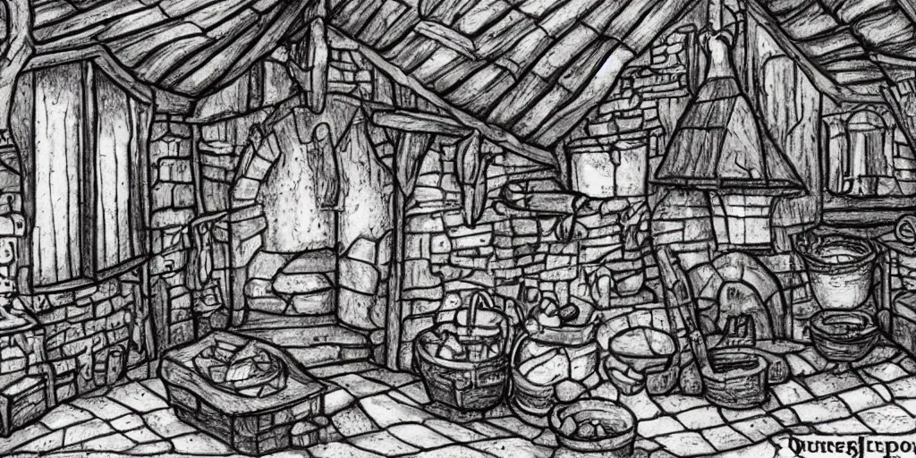 Prompt: medieval cottage interior, fantasy hand - drawn animation