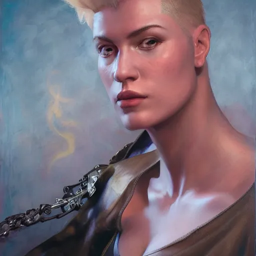 Image similar to portrait of zarya from overwatch in disco elysium, by alexander mcqueen, by roberto ferri, by tom bagshaw, by j. c. leyendecker and klimt, by austin osman spare, highly detailed oil painting, very intricate, cinematic lighting, award - winning, american romanticism, artstation, cgsociety, official art, octane