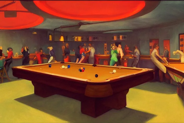 Prompt: a space station bar in jupiter with humans playing pool interacting and drinking, artstation, concept art by edward hopper, colorful lighting