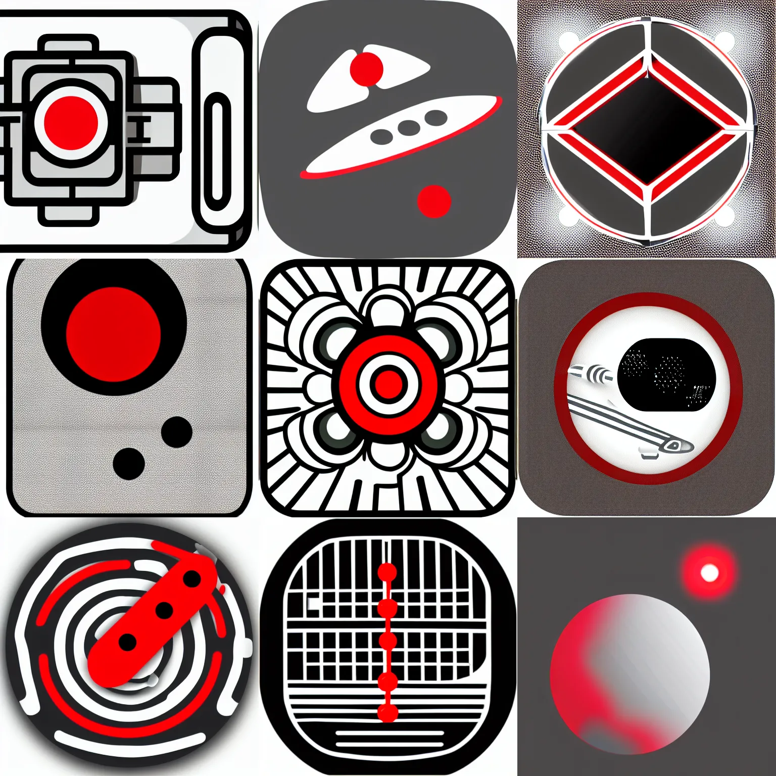 Prompt: notification icon of a spaceship next to a red dot, clear lines, vector, png, greyscale black and white