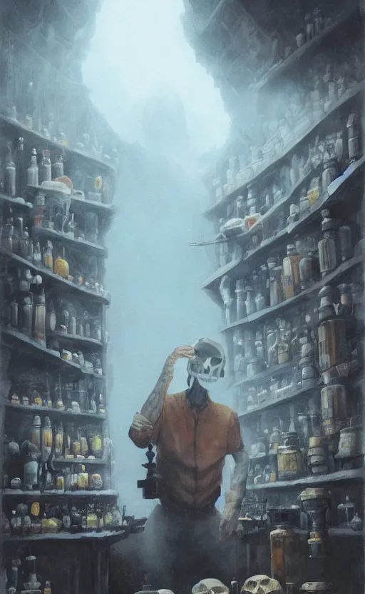 Prompt: a beautiful artwork illustration, a man with a skull for head selling potions in his shop, volumetric fog, godrays, high contrast, high contrast, high contrast, vibrant colors, vivid colors, high saturation, by Greg Rutkowski and Jesper Ejsing and Raymond Swanland, featured on artstation, wide angle, vertical orientation