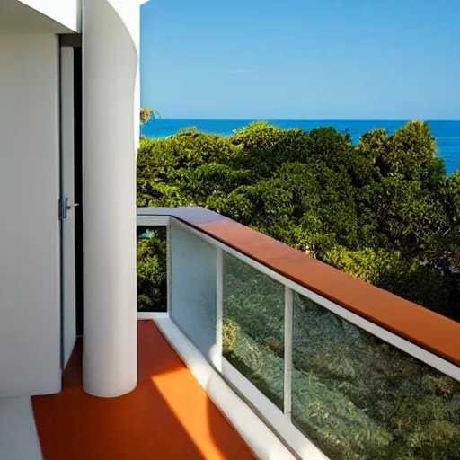 Image similar to zen minimalist modern balcony overlooking the tropical beach and sea