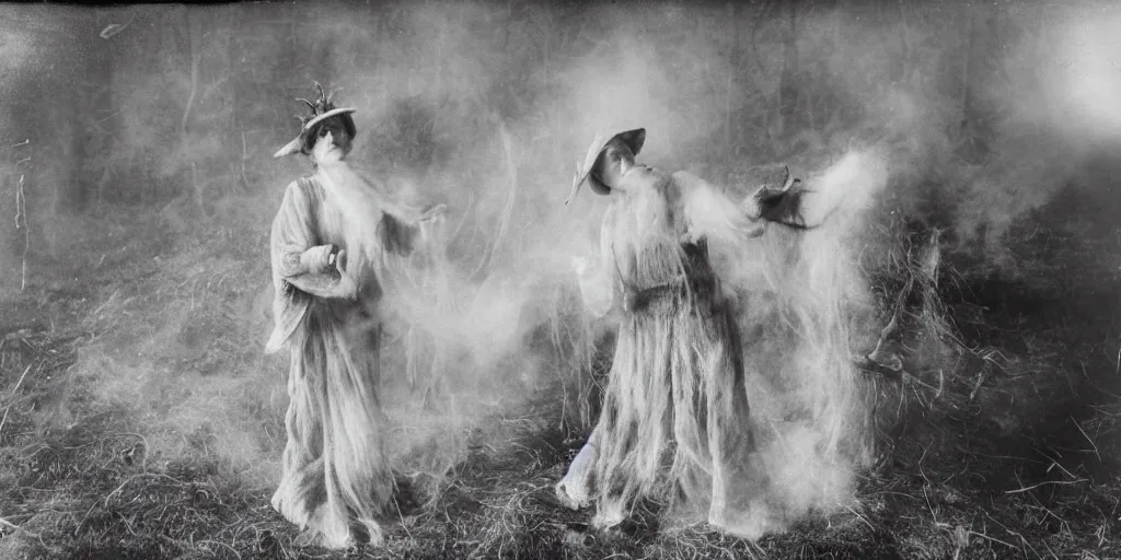 Prompt: 1 9 2 0 s spirit portrait photography of an old female farmer turning into a krampus ghost with hay cloth and antlers in the dolomites, smoke from mouth, casting a clean root spell, inviting hand, witchy, wicca, by william hope, dark, eerie, grainy