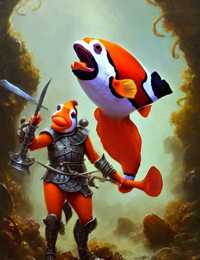 Prompt: anthropomorphic bipedal clownfish that is wearing full iron plate armor, and holding a colossal sword over his shoulder, as a matte oil painting and d & d character art, by brothers hildebrandt, standing, fullbody, bubbles, anemone, tall kelp, award - winning, extremely detailed, sharp focus
