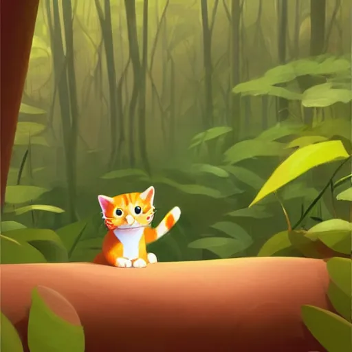 Prompt: goro fujita illustration a young little cat in the jungle by goro fujita, painting by goro fujita, sharp focus, highly detailed, artstation