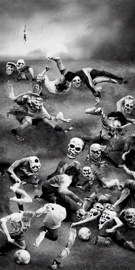 Prompt: a soccer player injured surrounded by bandages, matte painting of distorted skulls landscape by Ray Harryhausen