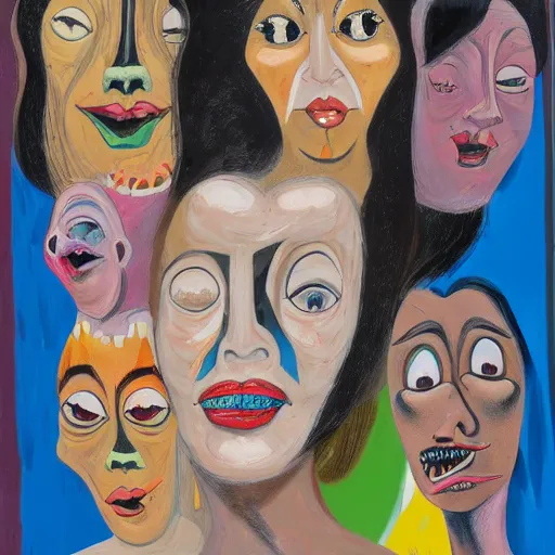 Prompt: grotesque portrait of kim kardashian painted by george condo, intricate, multiple faces, dark, highly detailed, oil on canvas, terrifying, brilliantly colored, 8 k