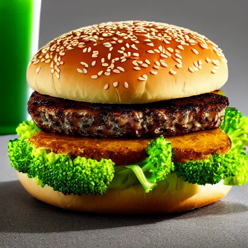 Image similar to promotional photo portrait of the new broccoli burger from mcdonalds, uhd, 8k,