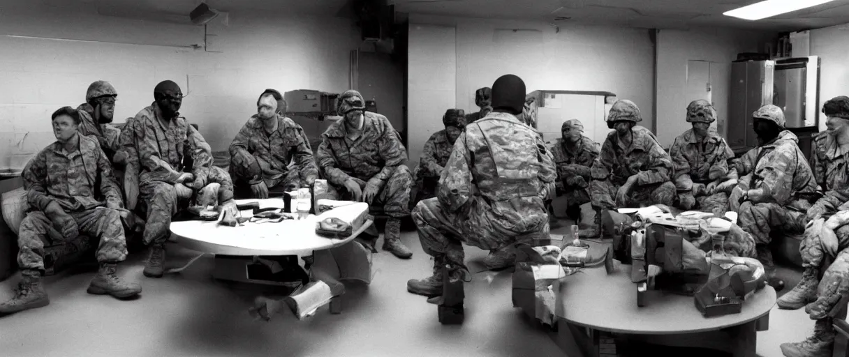 Image similar to filmic extreme wide shot movie still 4 k uhd interior 3 5 mm film color photograph of a group of soldiers relaxing in a break room in a secret military lab having a conversation