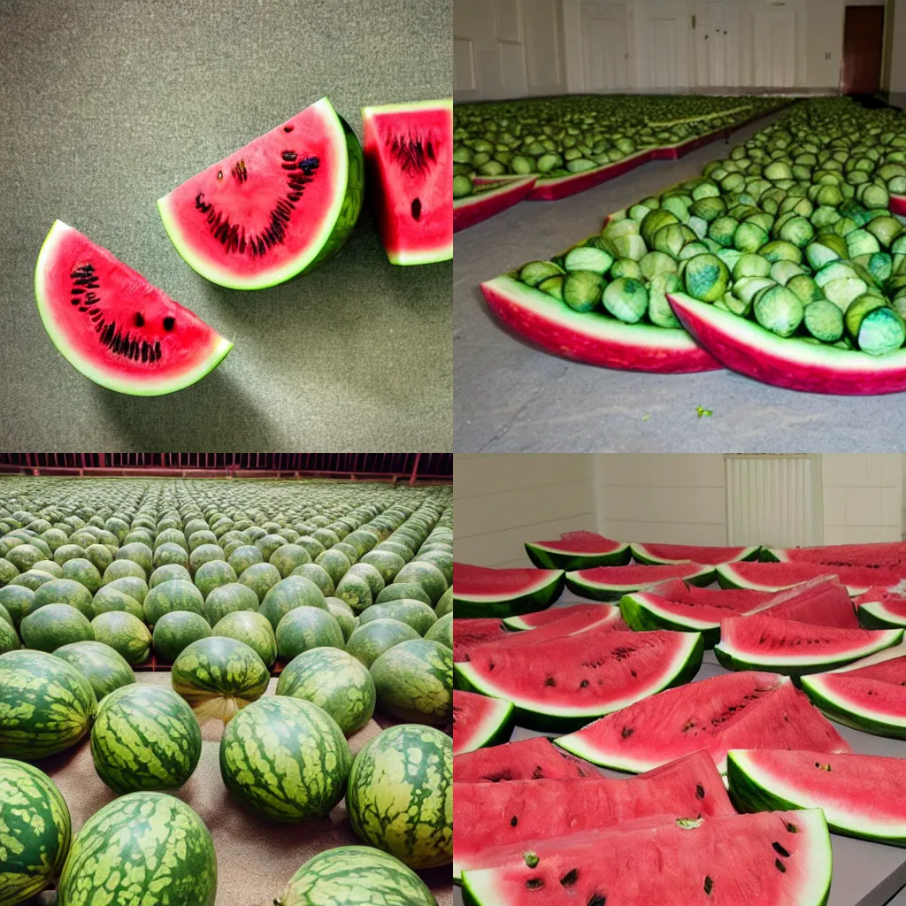 Prompt: watermelons all over the floor in backrooms