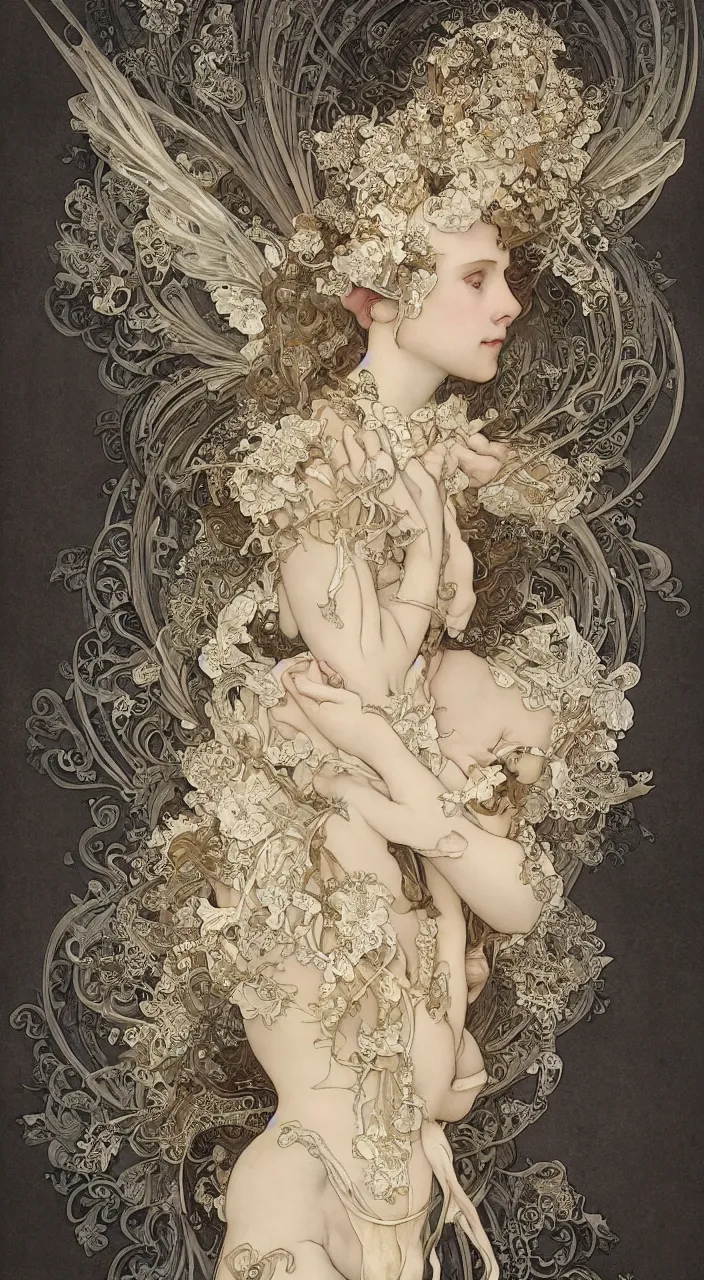 Prompt: “ a female skeleton ivory rococo frontal view, wings lace wear, black background, beautifully lit, hyperdetailed, lighting, by alphonse mucha, by cory loftis, by bastien lecouffe deharme, by rutkowski, by tom bagshaw, 4 k, micro details, 3 d sculpture, structure, 3 0 % pearlescent detailing ”