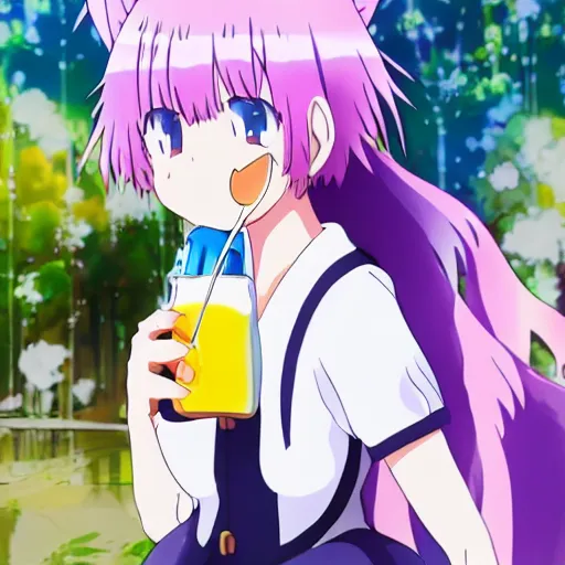 Prompt: kanna frommiss kobayashi's dragon maid drinking a carton of milk with a straw, anime epic artwork, kyoto animation, key visual