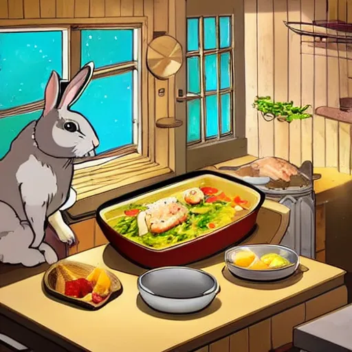 Image similar to rabbits cooking food inside a cozy french kitchen, in the style of studio ghibli