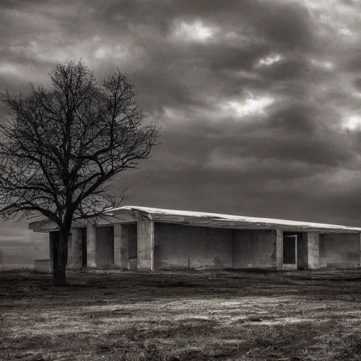 Image similar to a building in a serene landscape, apocalyptic fiction