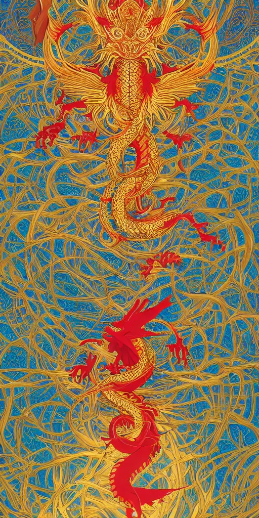 Image similar to golden paper + an intricate dragon depiction + symmetry + elaborate red illustration by makoto shinkai, wu daozi, very detailed, deviantart, 8 k vertical wallpaper, tropical, colorful, airy, anime illustration, anime nature wallpap