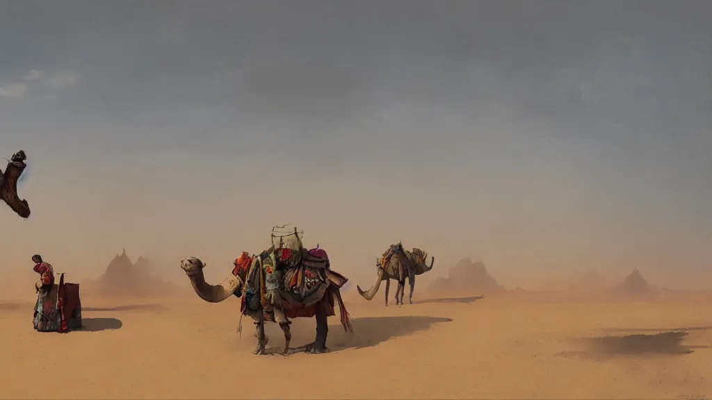 Image similar to desert landscape with arabian merchant with colored bags feeding a camel, rule of thirds, watercolored, jakub rozalski, dark colours, dieselpunk, artstation