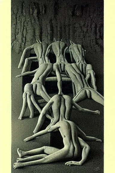 Prompt: A vintage scientific illustration from the 1970s of humans forming caves with their bodies by Zdzisław Beksiński